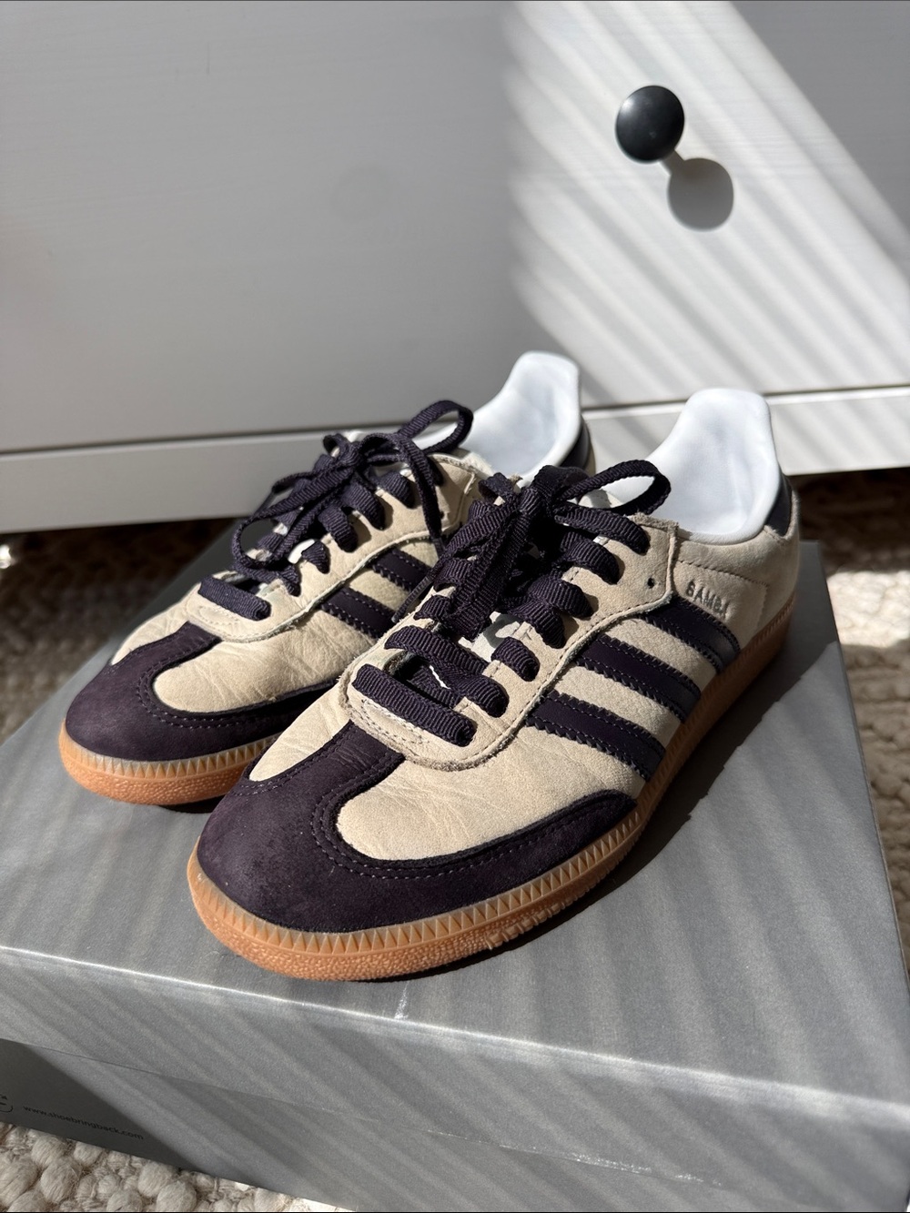 adidas Samba Suede Sneakers in Beige and Black with Gum Sole and Ribbon Laces 7